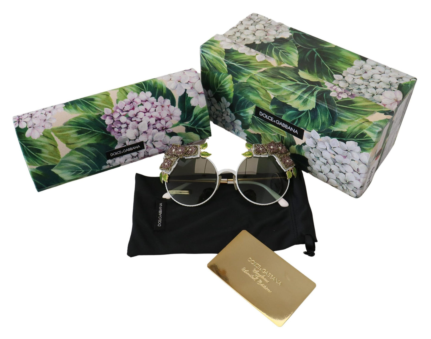 Dolce &amp; Gabbana Gold Floral Embellished Metal Frame Round DG2186 Sunglasses