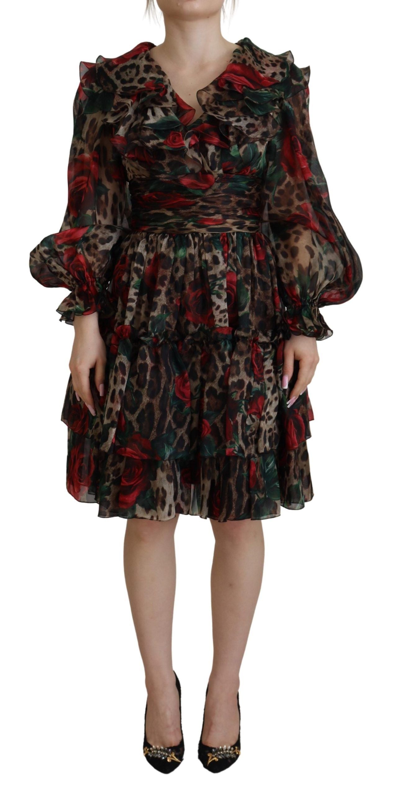 Dolce &amp; Gabbana Brown Leopard Roses Silk Ruffled Gown Dress