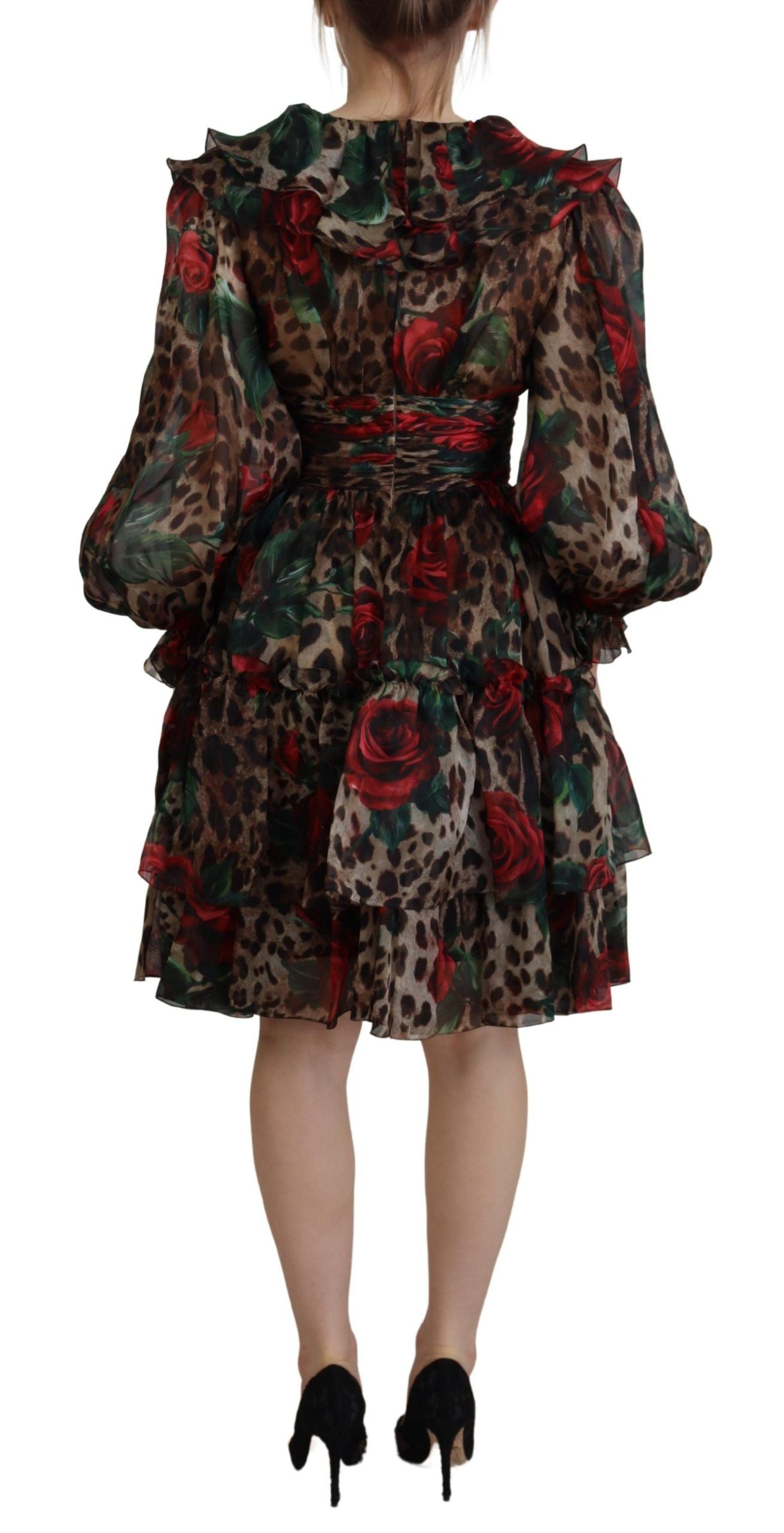 Dolce &amp; Gabbana Brown Leopard Roses Silk Ruffled Gown Dress