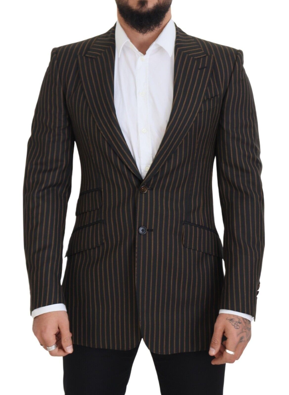 Dolce &amp; Gabbana Black Brown Stripes Single Breasted Blazer