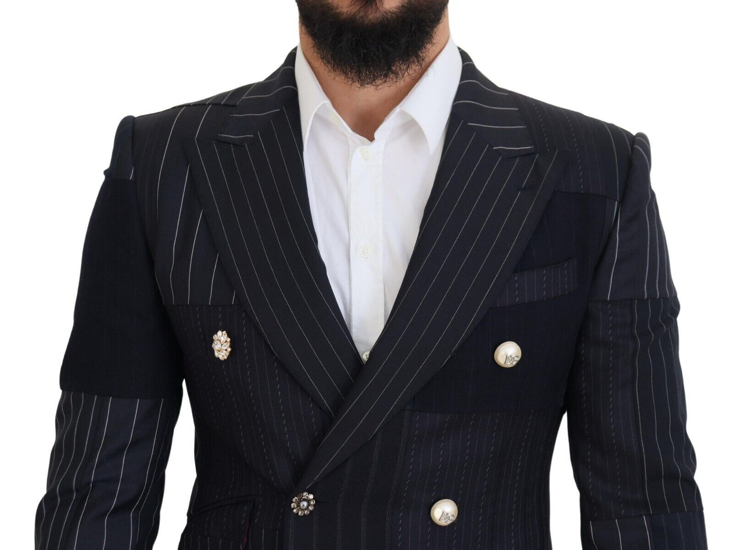 Dolce &amp; Gabbana Blue Wool Patchwork Double Breasted Blazer