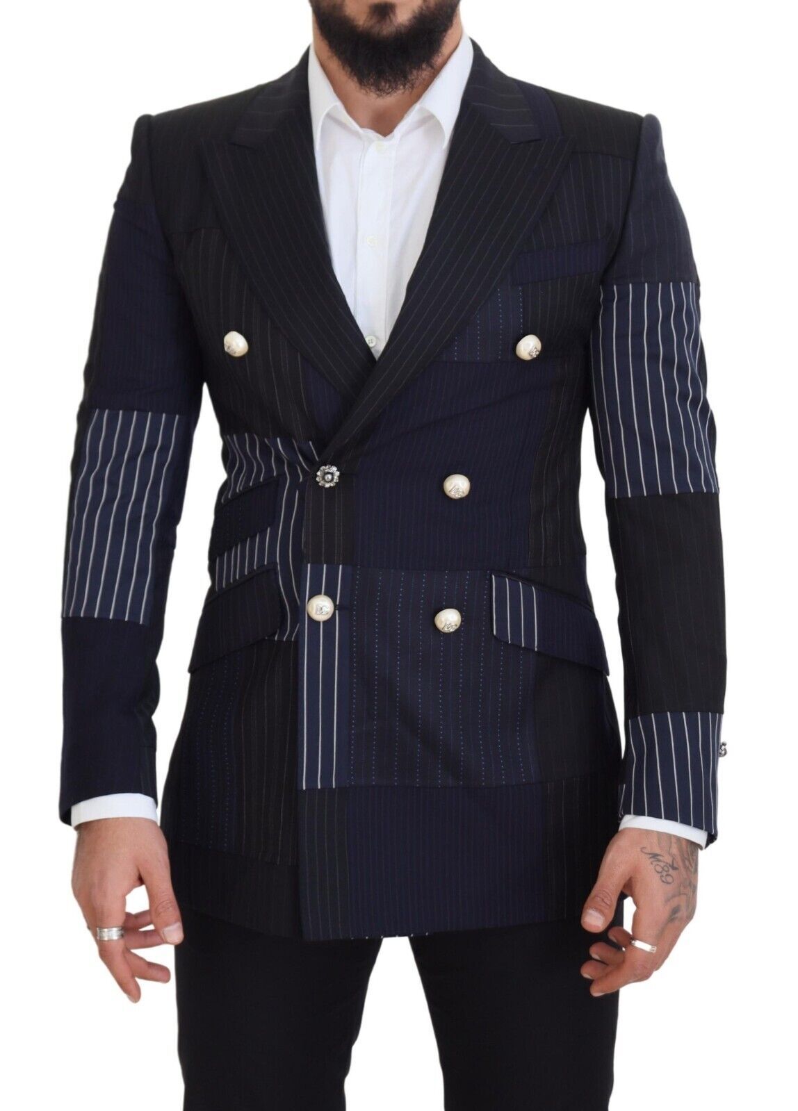 Dolce &amp; Gabbana Blue Wool Patchwork Double Breasted Blazer