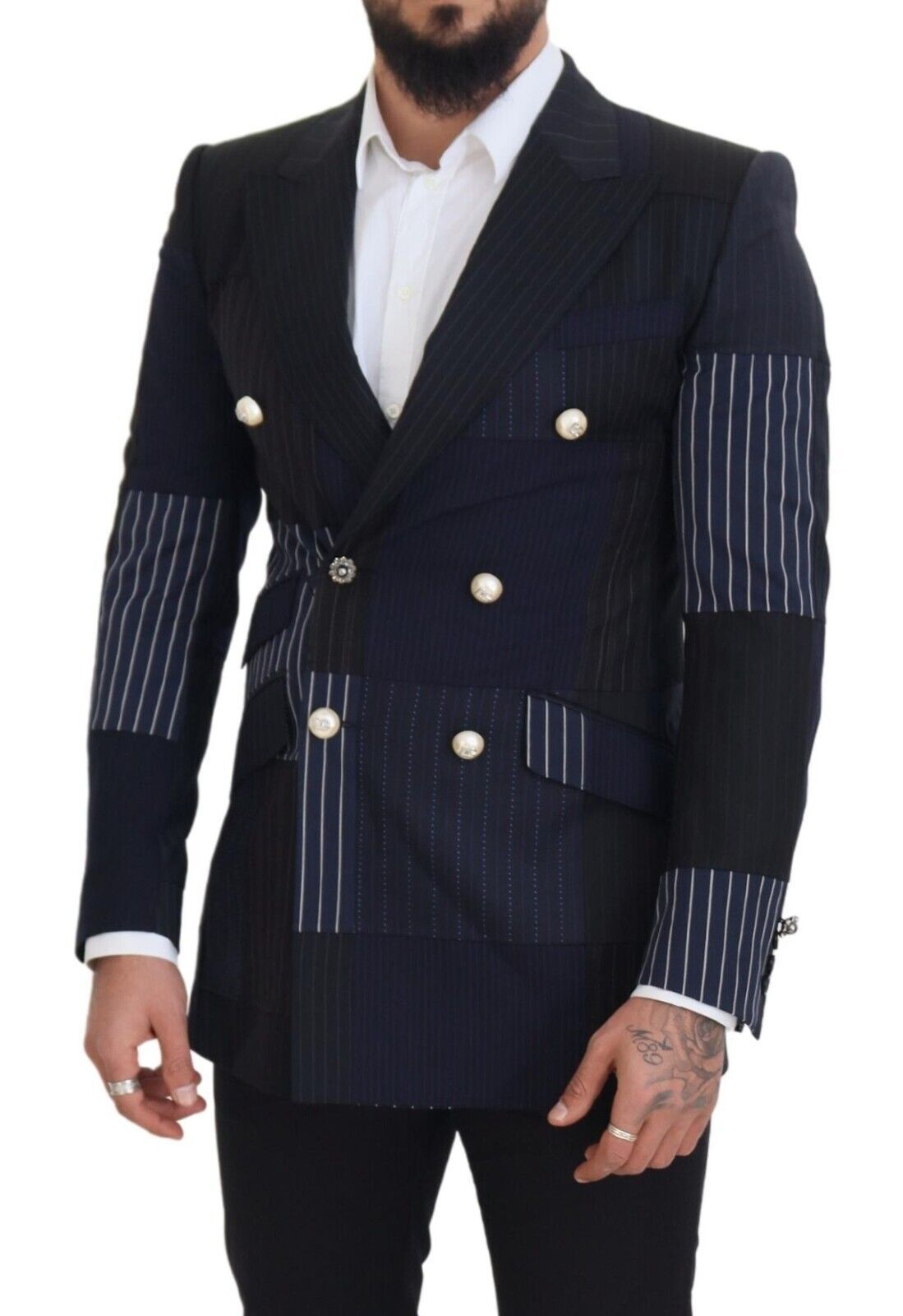 Dolce &amp; Gabbana Blue Wool Patchwork Double Breasted Blazer