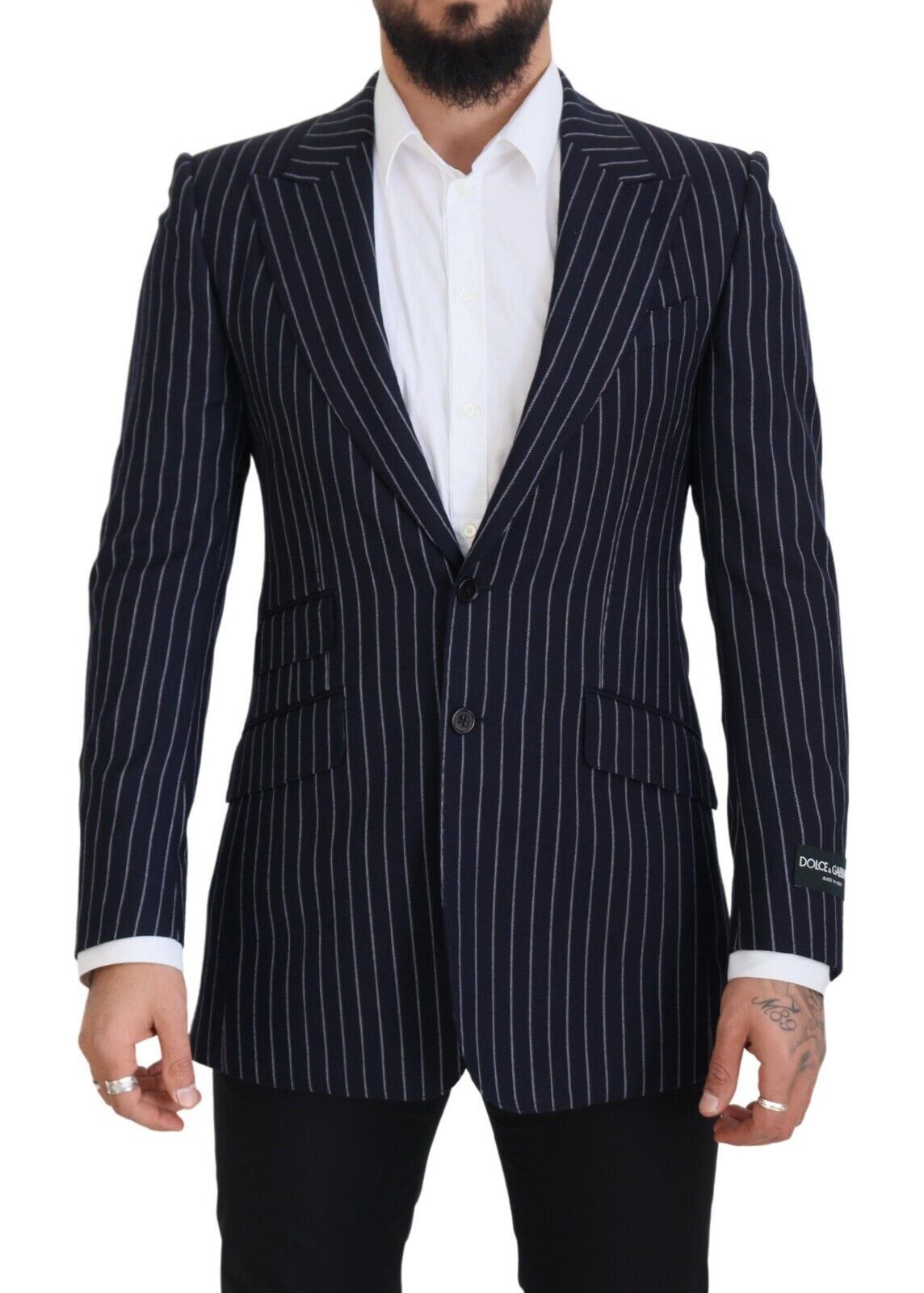 Dolce &amp; Gabbana Dark Blue Stripe Wool Single Breasted Blazer