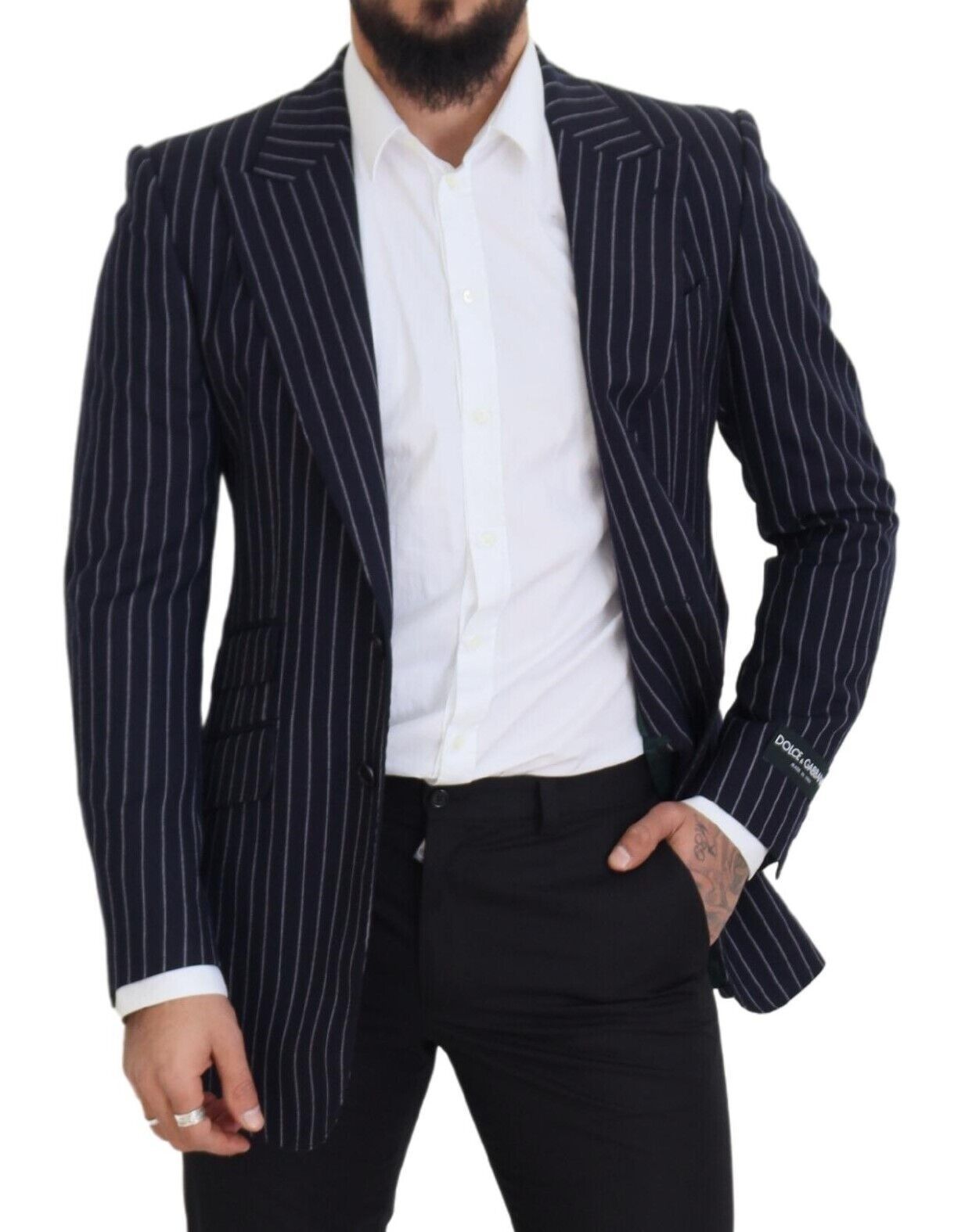 Dolce &amp; Gabbana Dark Blue Stripe Wool Single Breasted Blazer