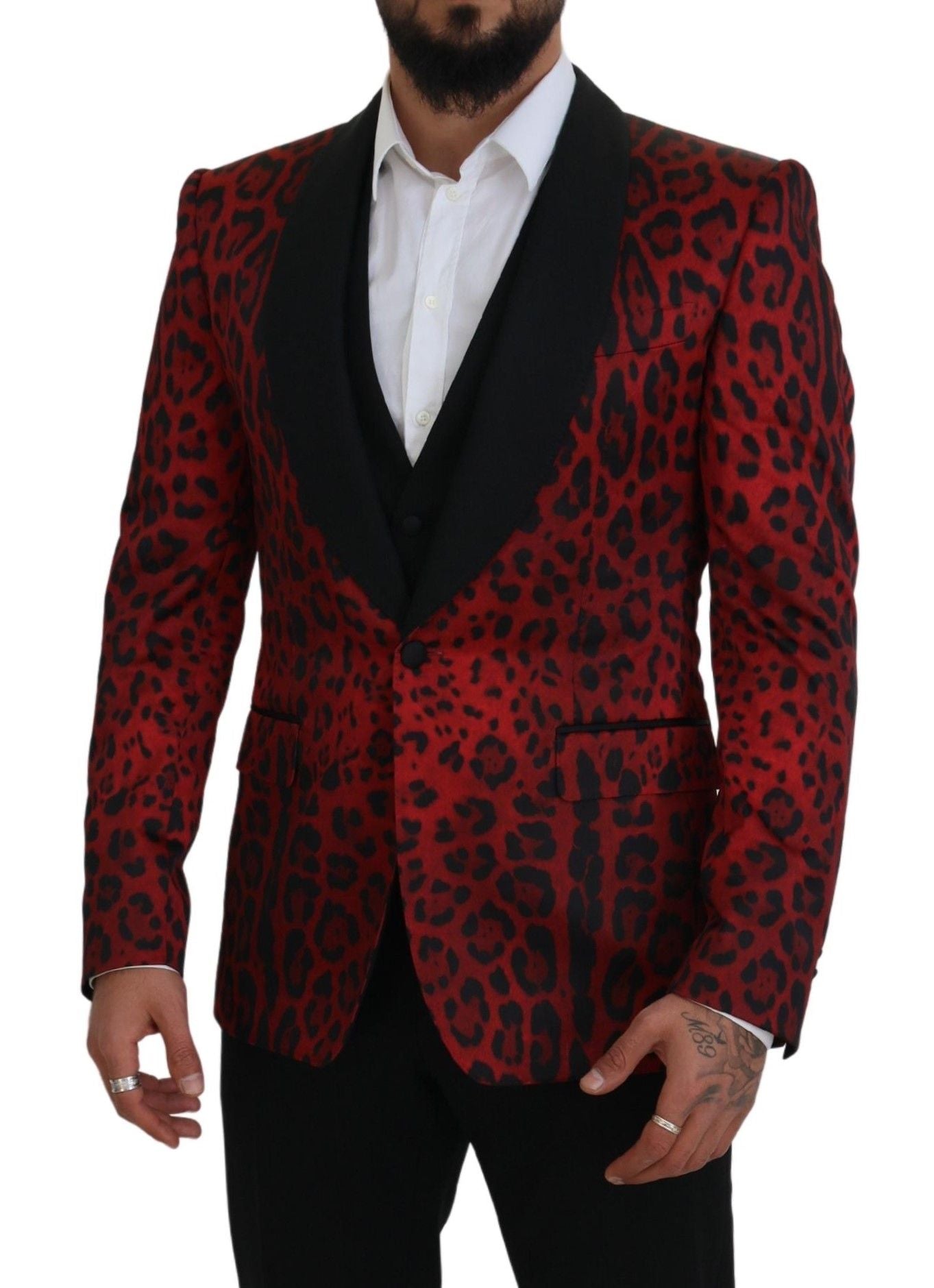 Dolce &amp; Gabbana Strahlender roter dreiteiliger Anzug mit Leopardenmuster