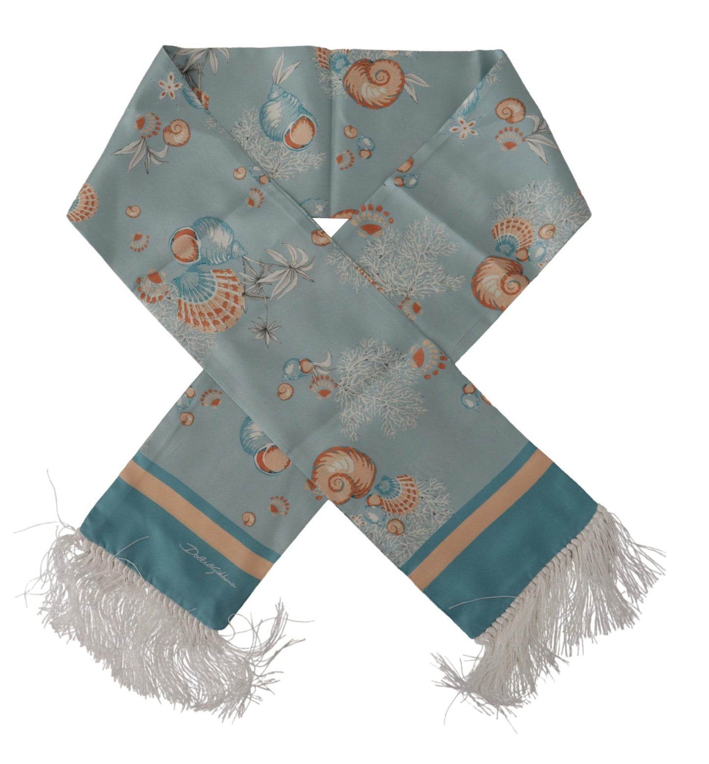 Dolce &amp; Gabbana Blue Silk Shiny Shell-Print Neck Wrap Fringed Scarf