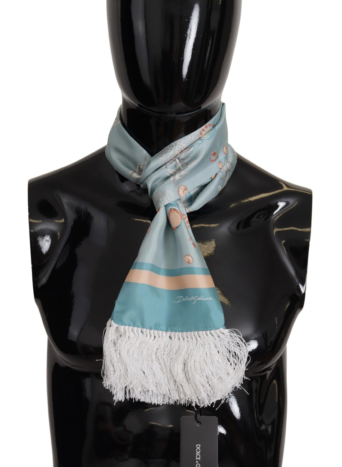 Dolce &amp; Gabbana Blue Silk Shiny Shell-Print Neck Wrap Fringed Scarf