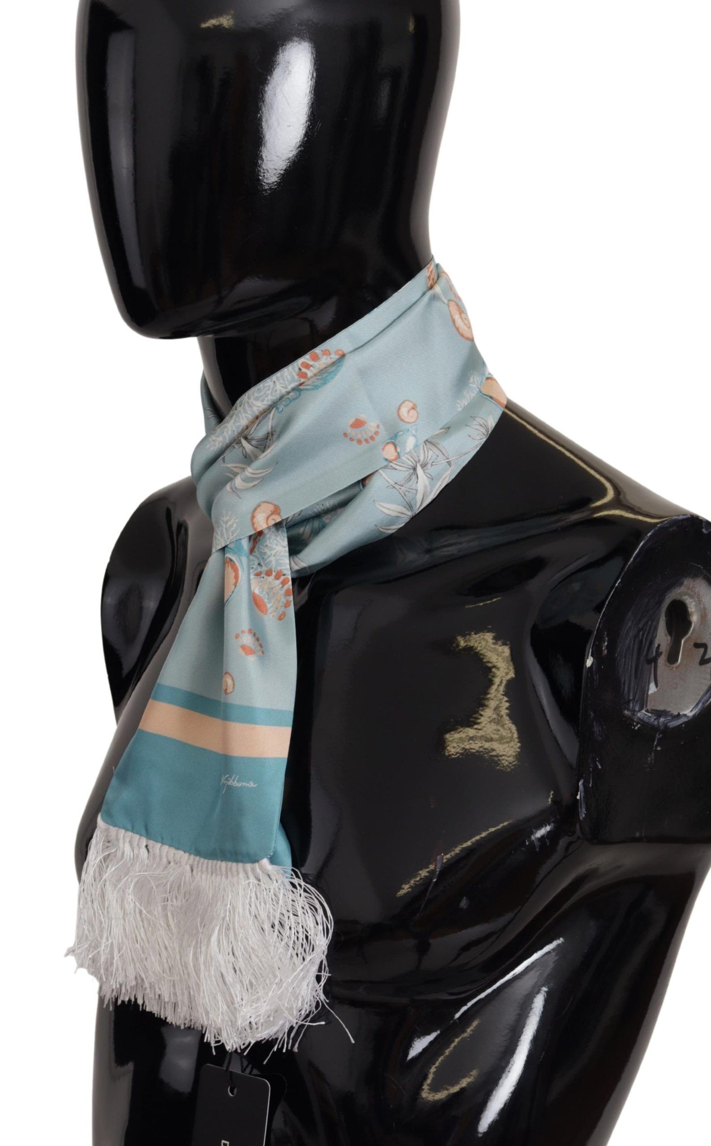 Dolce &amp; Gabbana Blue Silk Shiny Shell-Print Neck Wrap Fringed Scarf