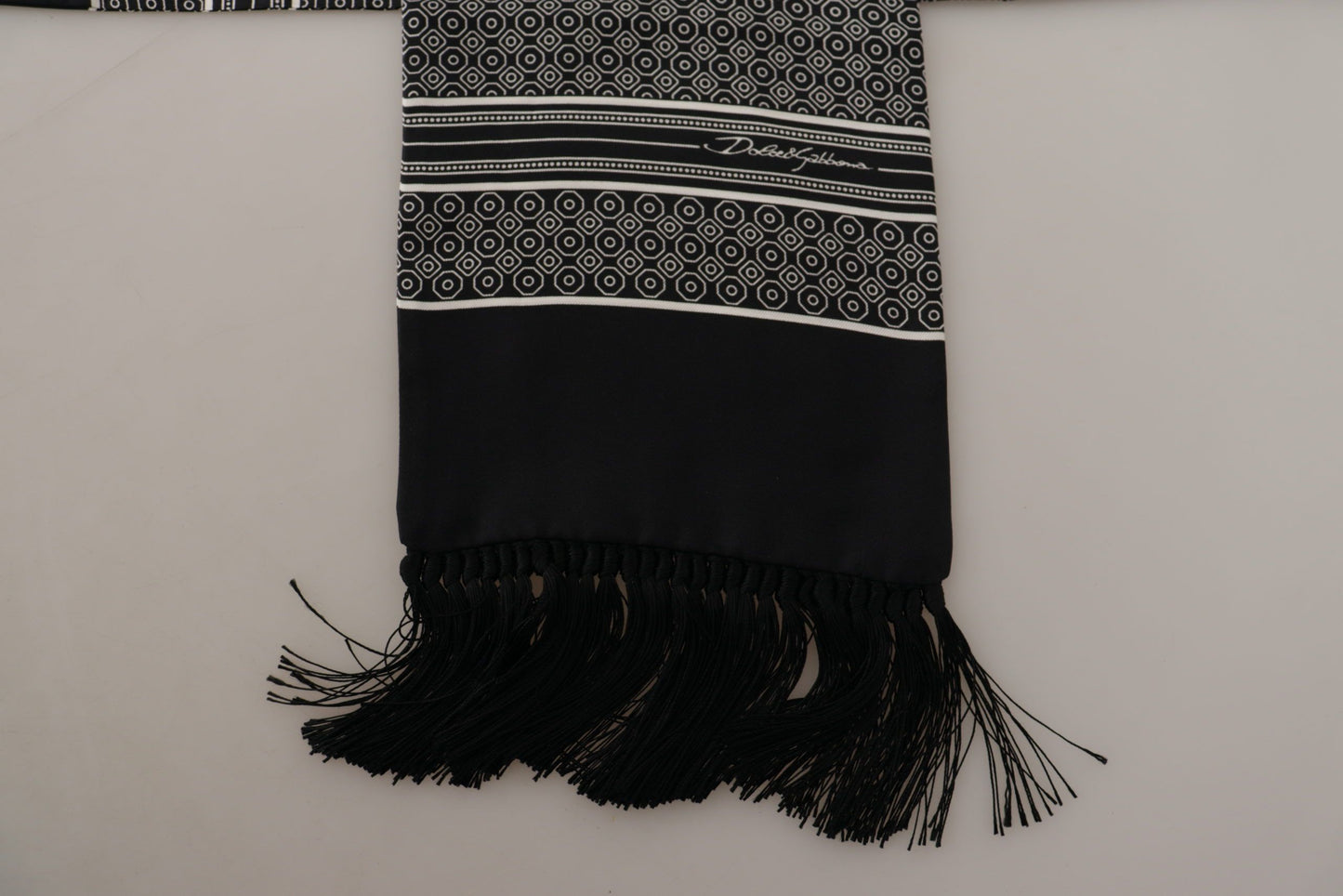 Dolce &amp; Gabbana Black White 100% Silk Geometric Shawl Fringe Scarf