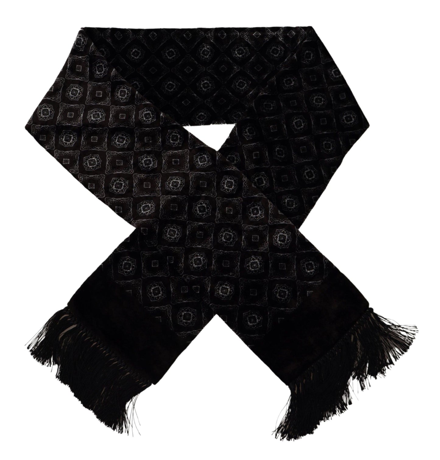 Dolce &amp; Gabbana Brown Velvet Geometric Shawl Fringe Neck Wrap Scarf