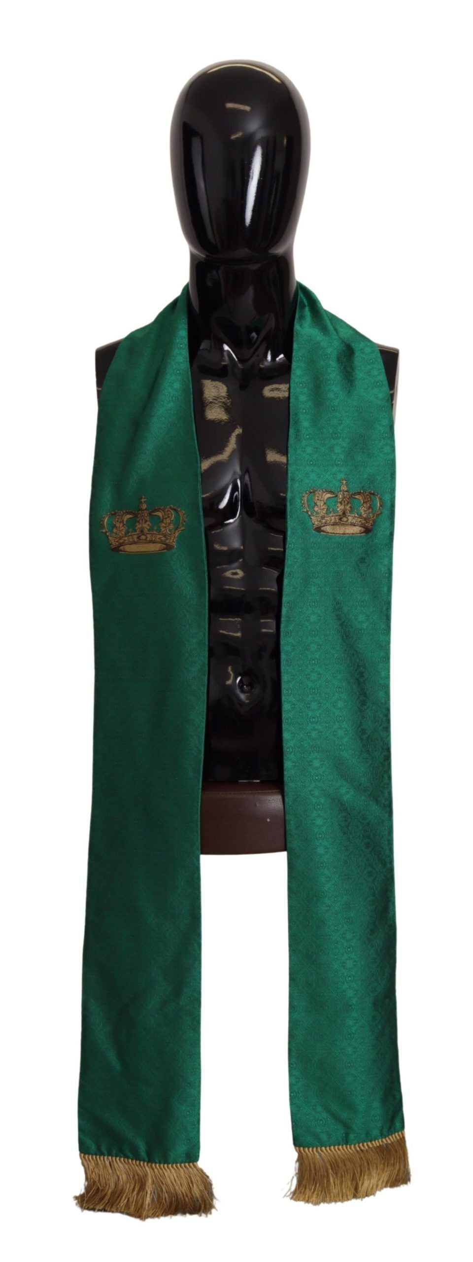 Dolce &amp; Gabbana Green Crown Embroidered Shawl Fringe Blend Silk