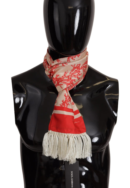 Dolce &amp; Gabbana White Red Coral Print Shawl Wrap Fringe Scarf