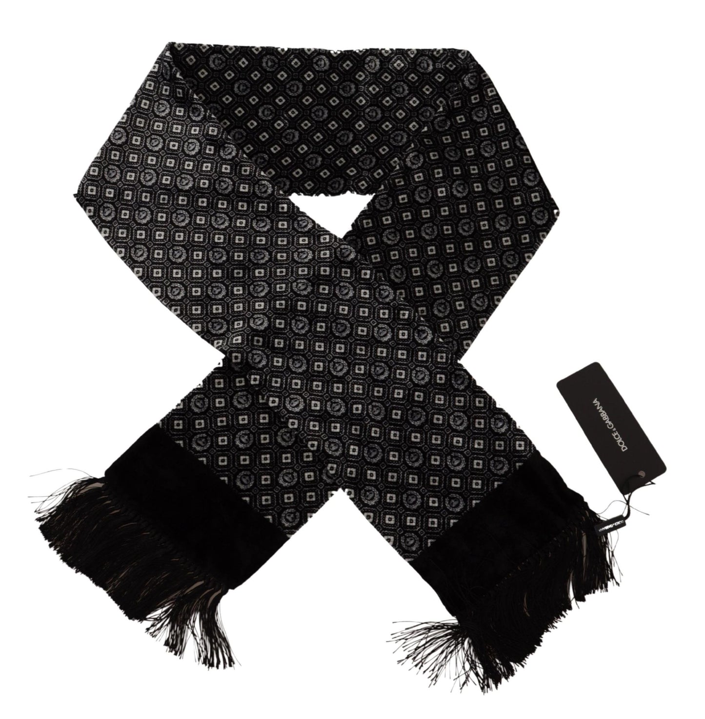 Dolce &amp; Gabbana Black Geometric Patterned Shawl Wrap Fringe Scarf