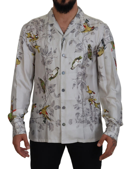 Dolce &amp; Gabbana White Bird Print Silk Satin Casual Shirt