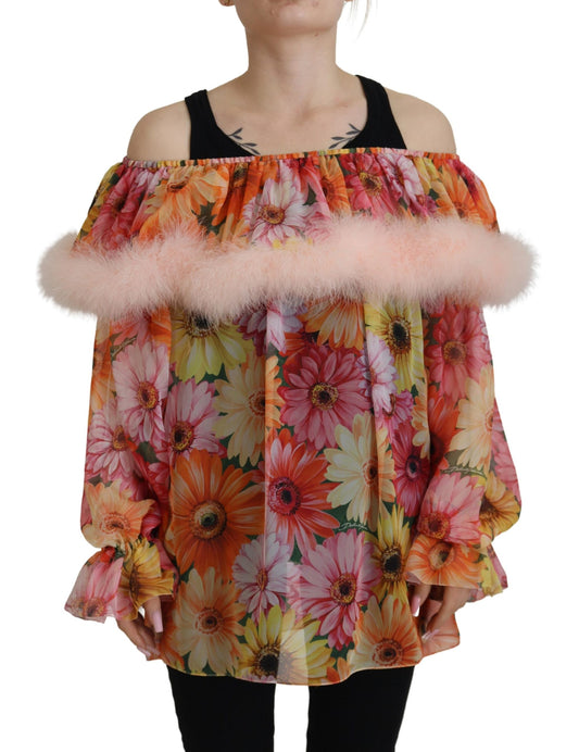 Dolce &amp; Gabbana Multicolor Floral Fur Shearling Blouse Top