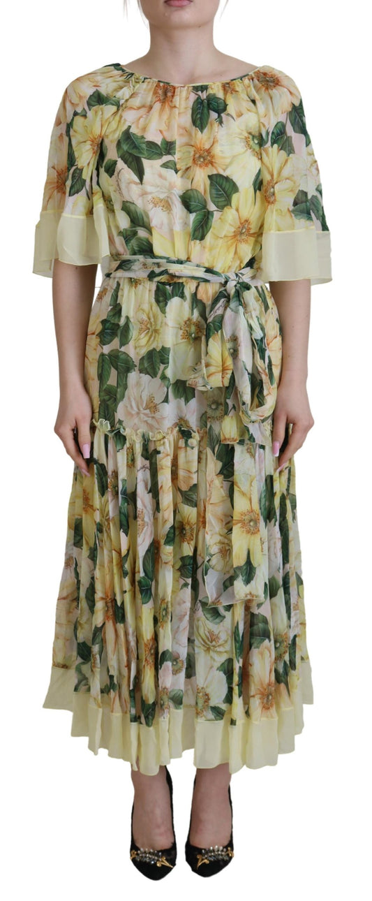 Dolce &amp; Gabbana Yellow Floral Print Pleated Maxi Silk Dress