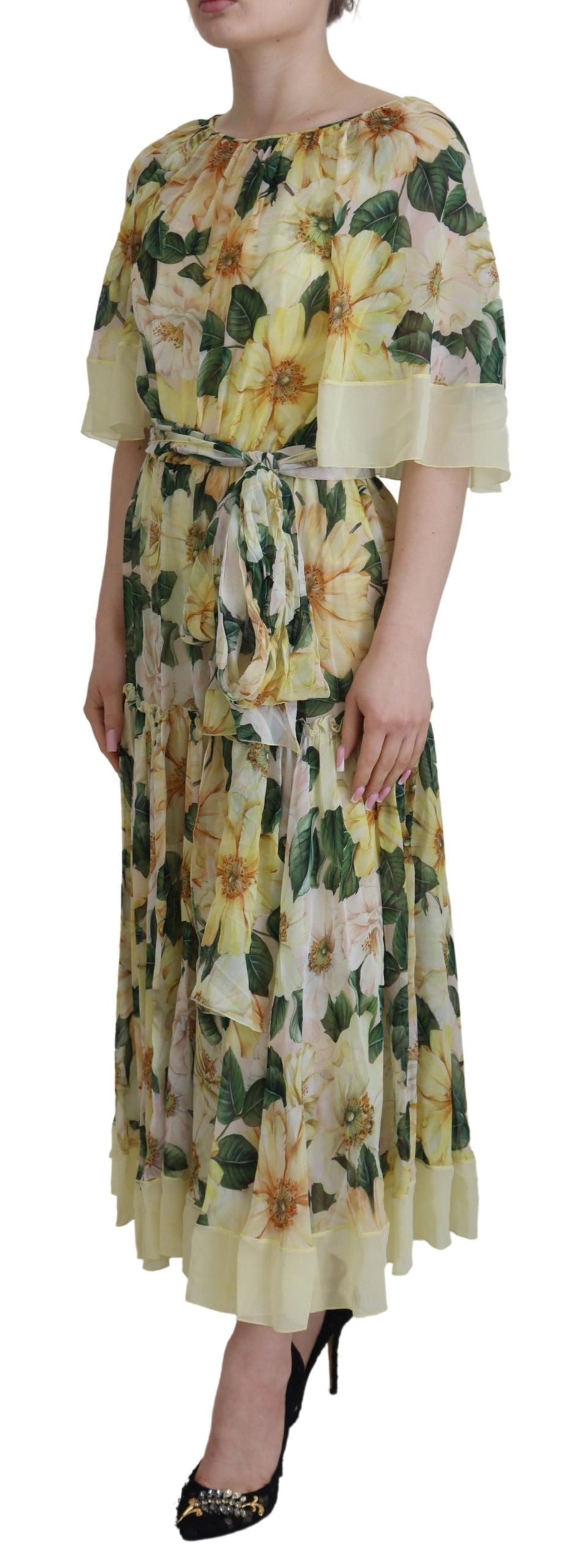 Dolce &amp; Gabbana Yellow Floral Print Pleated Maxi Silk Dress