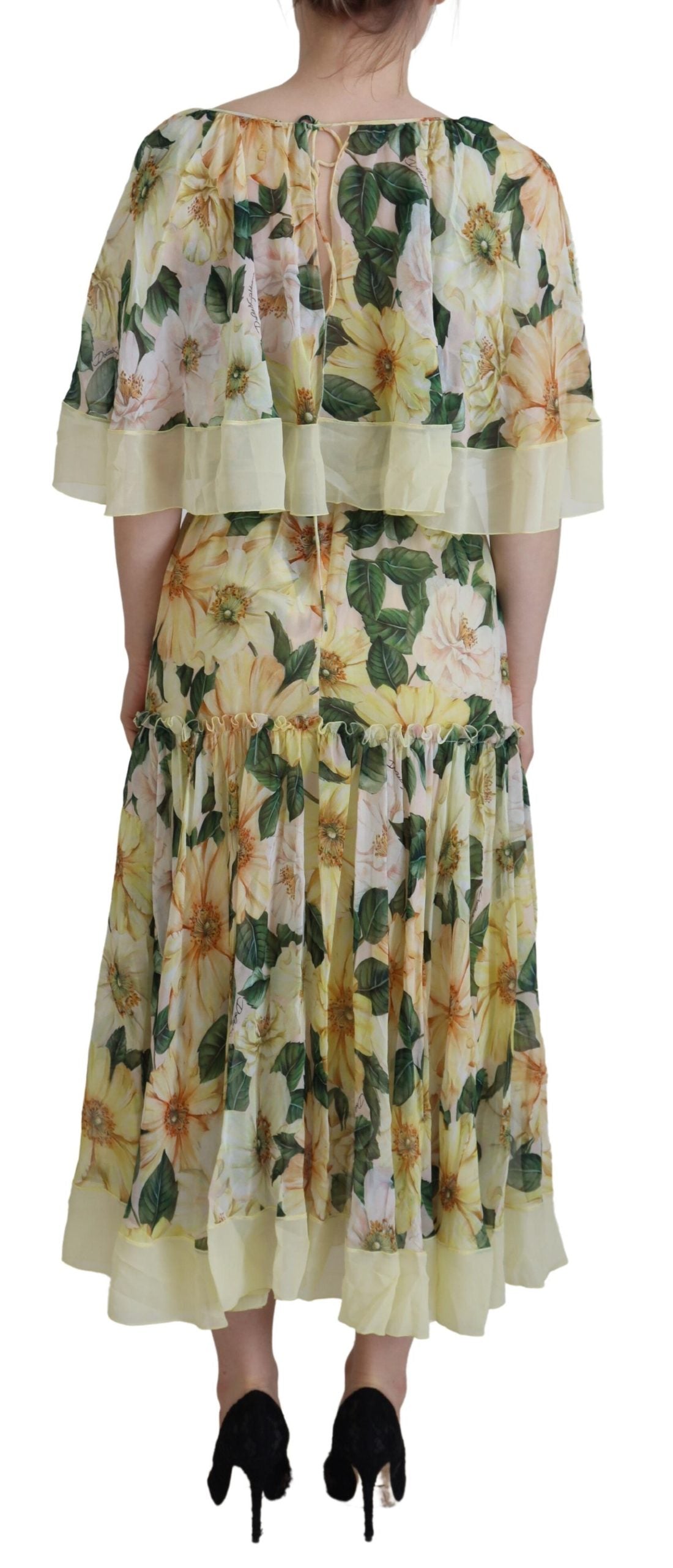 Dolce &amp; Gabbana Yellow Floral Print Pleated Maxi Silk Dress