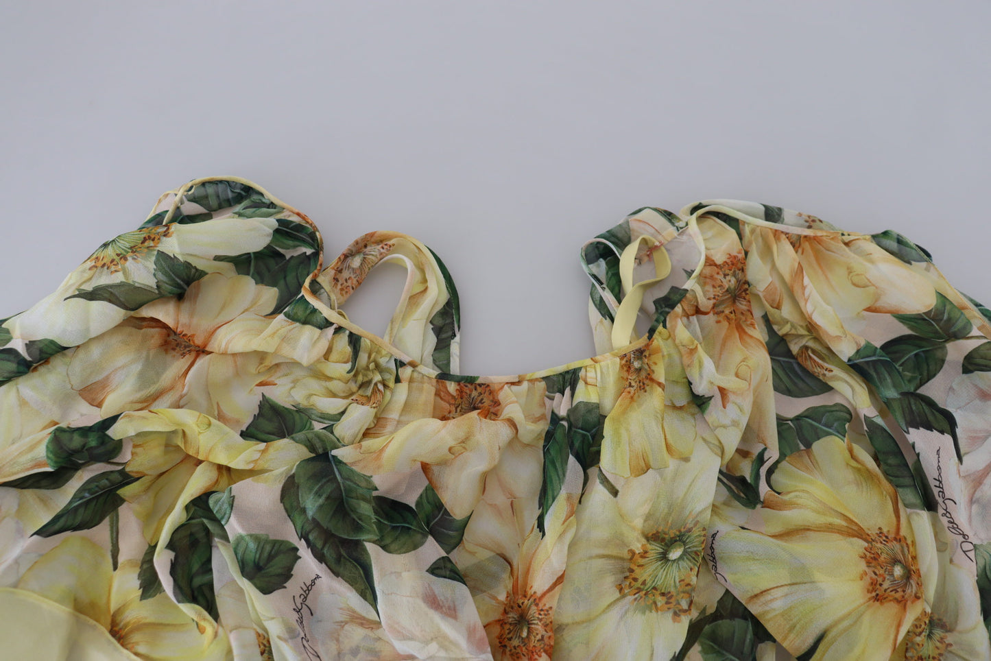 Dolce &amp; Gabbana Yellow Floral Print Pleated Maxi Silk Dress