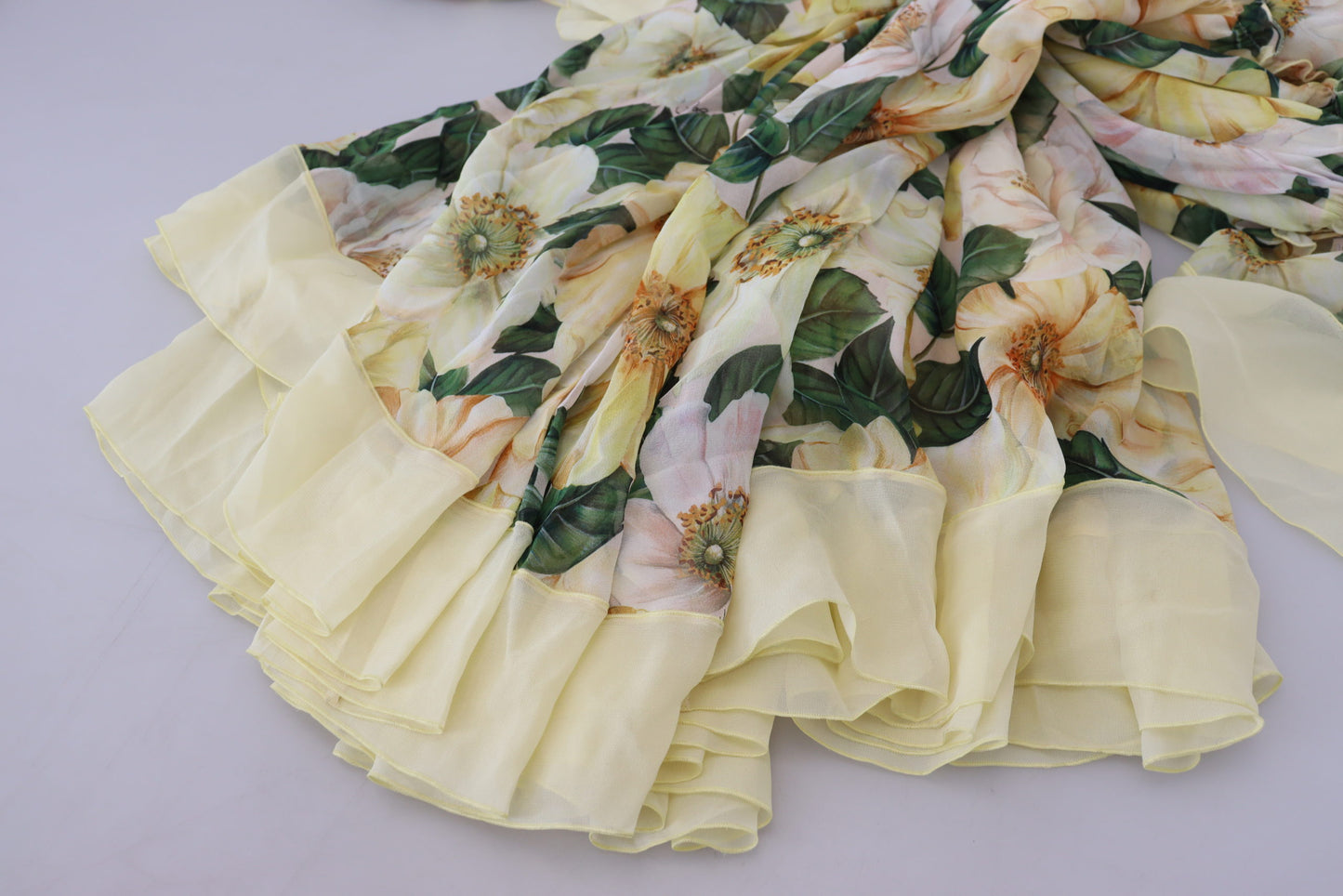 Dolce &amp; Gabbana Yellow Floral Print Pleated Maxi Silk Dress