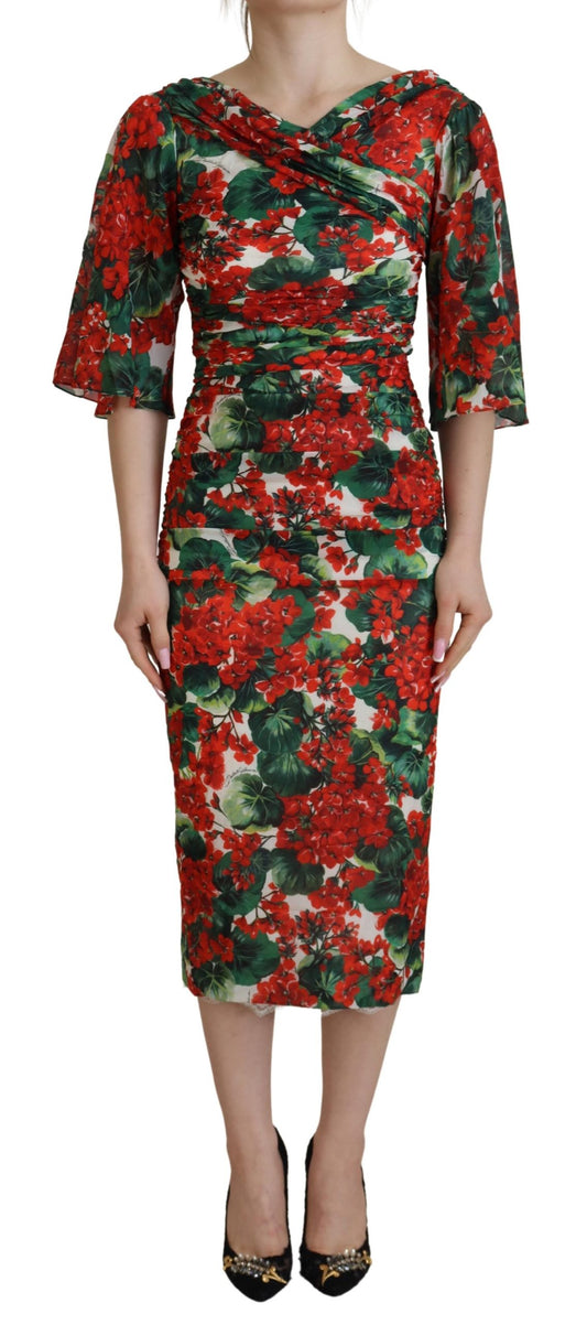 Dolce &amp; Gabbana Multicolor Geranium Silk Sheath Midi Dress