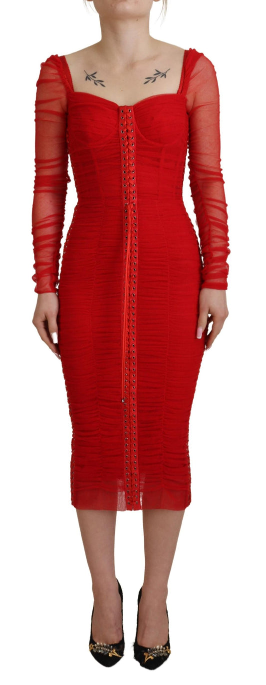 Dolce &amp; Gabbana Red Mesh Trim Bodycon Sheath Midi Dress