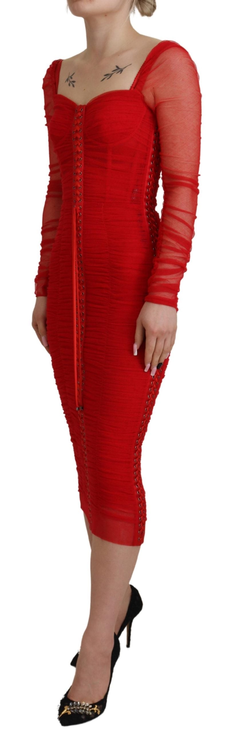 Dolce &amp; Gabbana Red Mesh Trim Bodycon Sheath Midi Dress