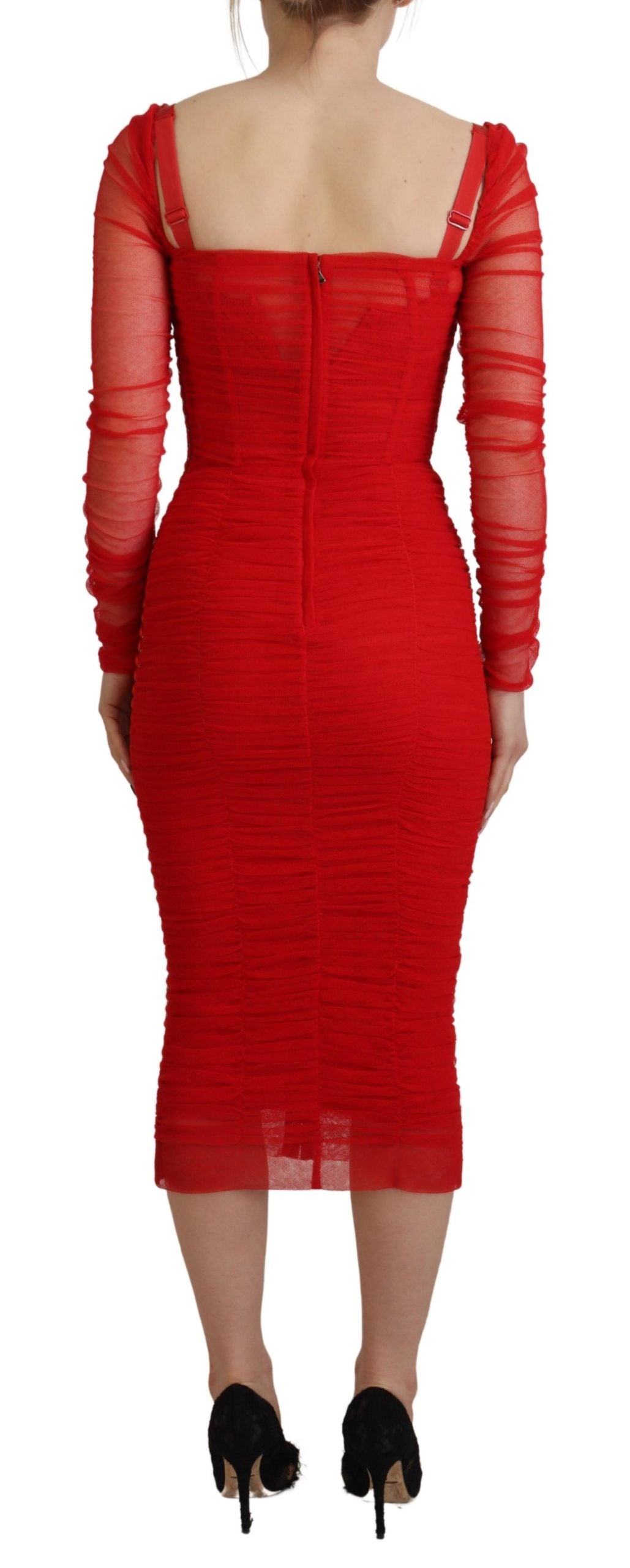 Dolce &amp; Gabbana Red Mesh Trim Bodycon Sheath Midi Dress