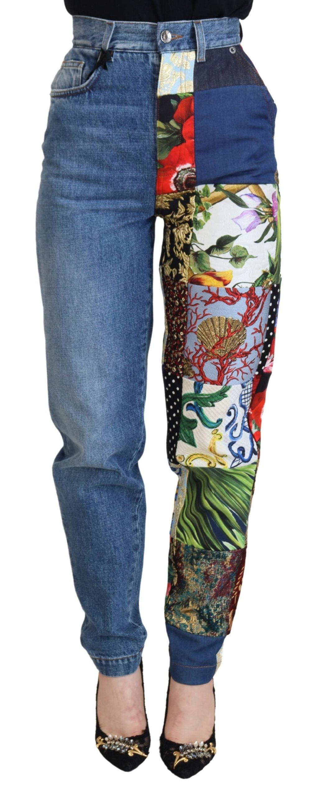 Jeans di lusso in denim blu patchwork jacquard Dolce &amp; Gabbana