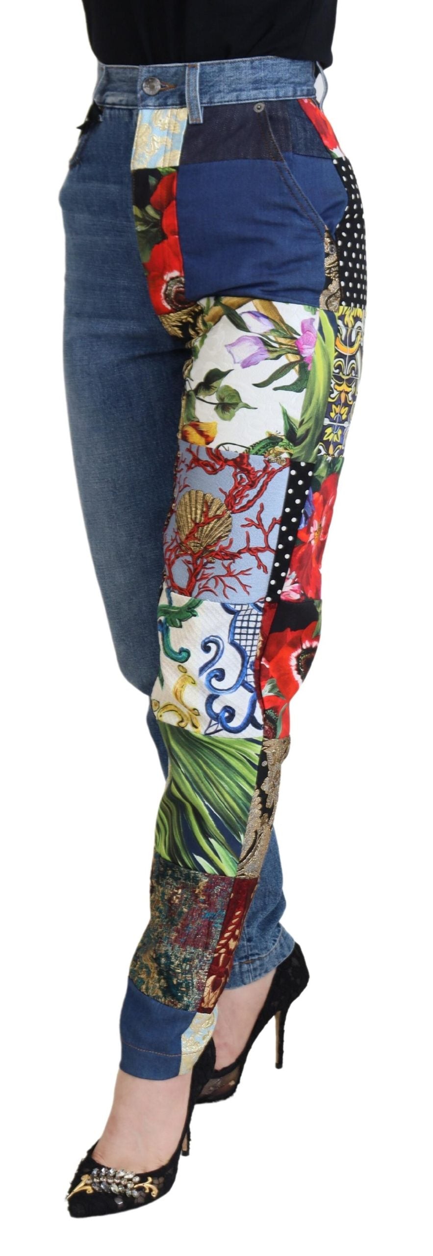 Jeans di lusso in denim blu patchwork jacquard Dolce &amp; Gabbana