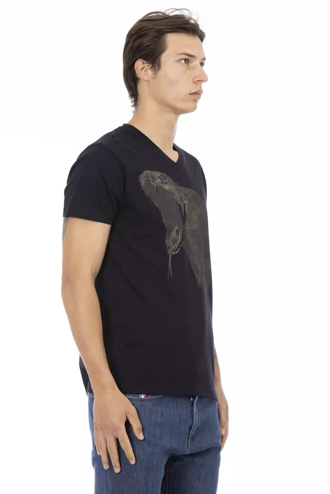 Trussardi Action Schwarzes T-Shirt mit V-Ausschnitt und schickem Frontdruck