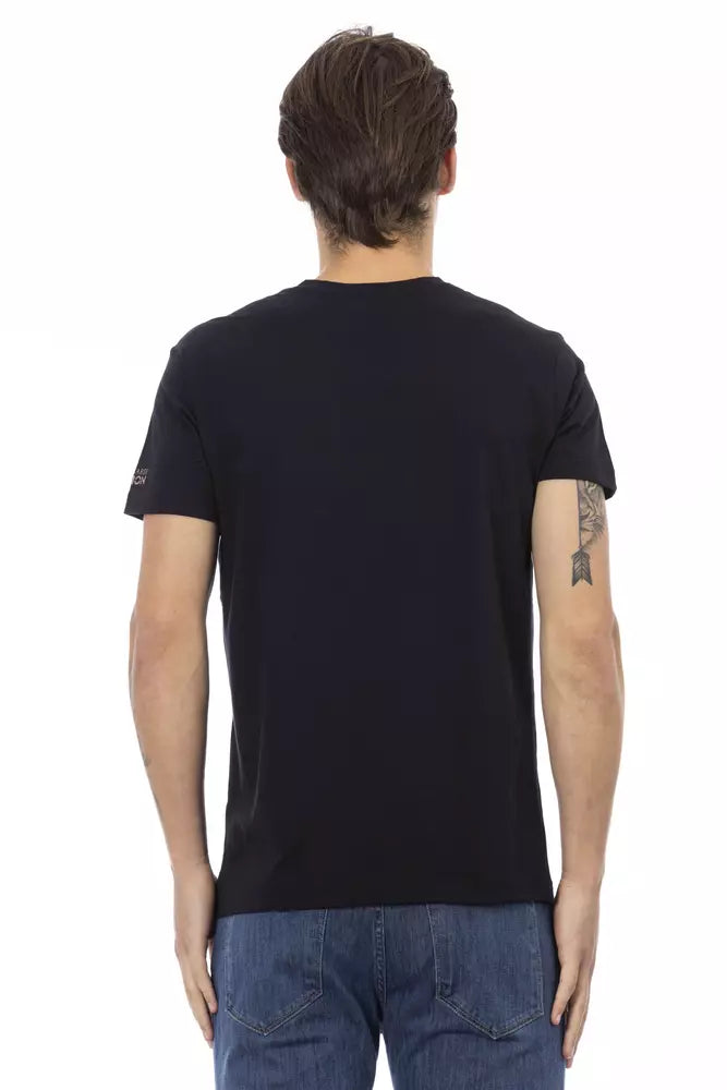 Trussardi Action Schwarzes T-Shirt mit V-Ausschnitt und schickem Frontdruck