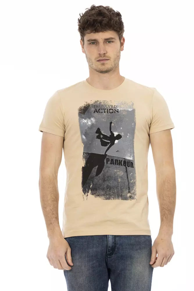 Trussardi Action Elegantes beigefarbenes Rundhals-T-Shirt mit schickem Aufdruck