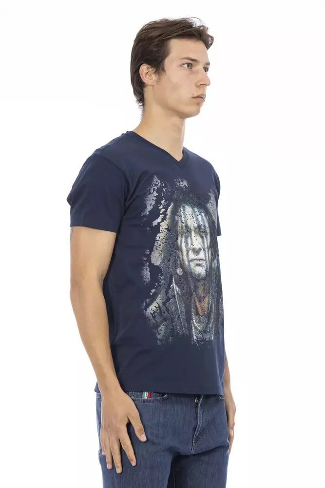 Trussardi Action Chic blaues T-Shirt mit V-Ausschnitt und auffälligem Frontdruck