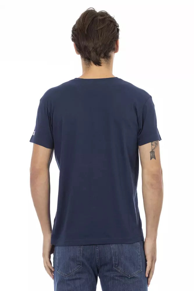 Trussardi Action Chic blaues T-Shirt mit V-Ausschnitt und auffälligem Frontdruck