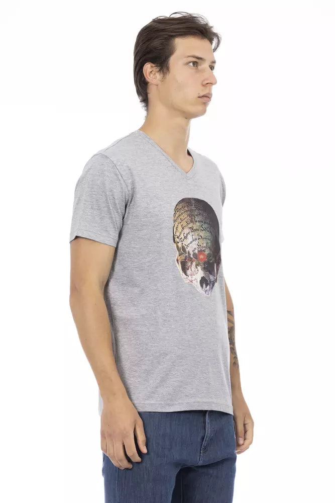 Trussardi Action Kurzarm-T-Shirt mit V-Ausschnitt und Print vorne – Elegantes Grau