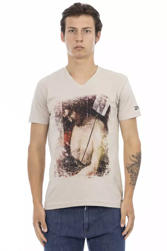 Trussardi Action Beige T-Shirt mit V-Ausschnitt und Aufdruck auf der Vorderseite