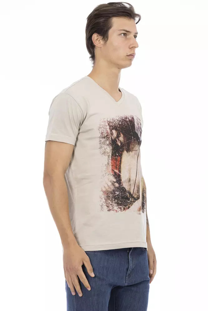 Trussardi Action Beige T-Shirt mit V-Ausschnitt und Aufdruck auf der Vorderseite