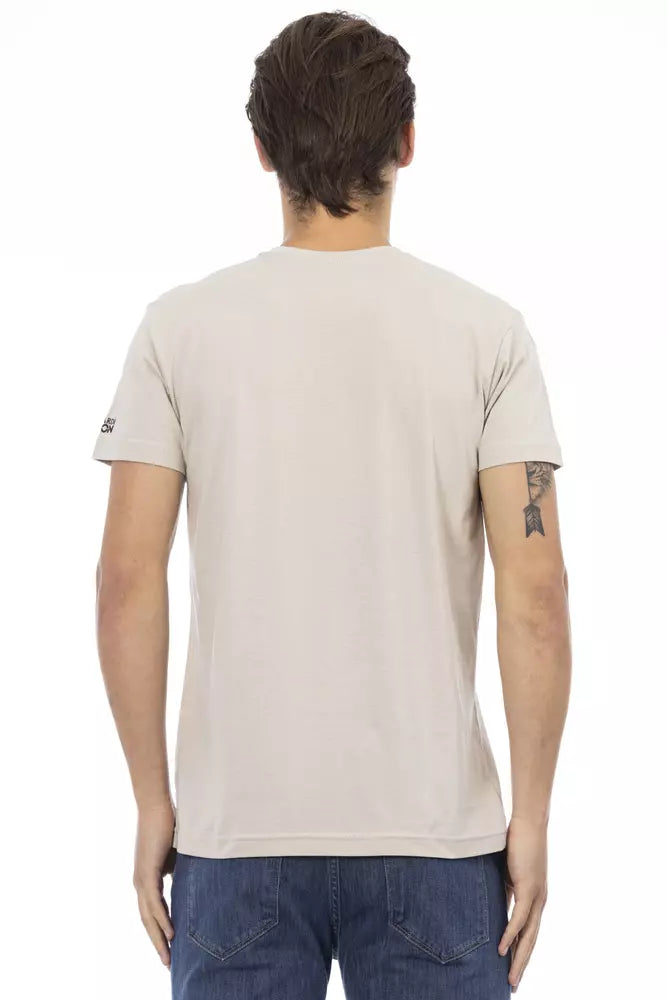 Trussardi Action Beige T-Shirt mit V-Ausschnitt und Aufdruck auf der Vorderseite