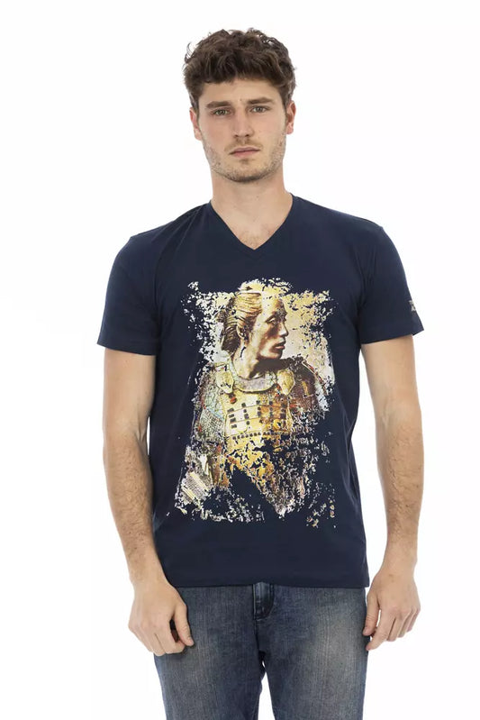 Trussardi Action Chic blaues T-Shirt mit V-Ausschnitt und elegantem Frontdruck