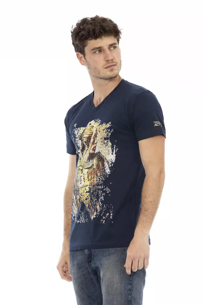 Trussardi Action Chic blaues T-Shirt mit V-Ausschnitt und elegantem Frontdruck