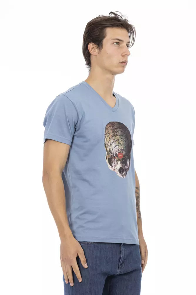 Trussardi Action Chic Hellblaues T-Shirt mit V-Ausschnitt und Frontdruck