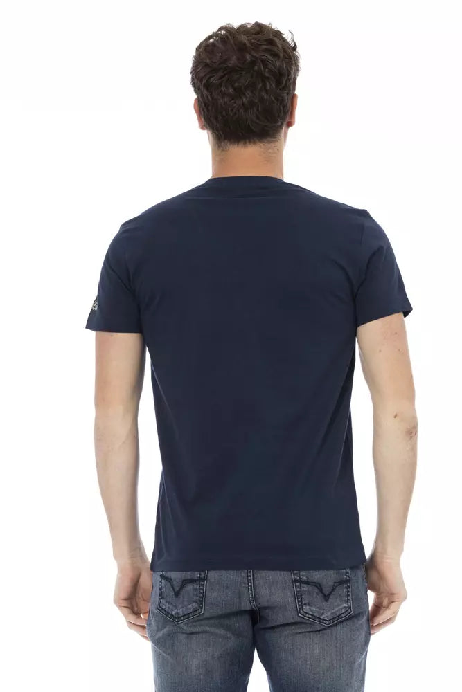 Trussardi Action Chic blaues T-Shirt mit V-Ausschnitt und elegantem Frontdruck