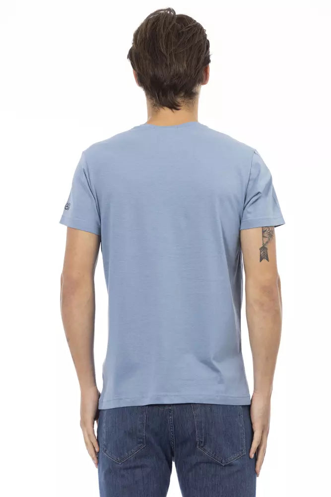 Trussardi Action Chic Hellblaues T-Shirt mit V-Ausschnitt und Frontdruck