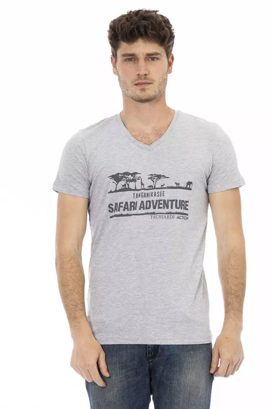 Trussardi Action Chic T-Shirt mit V-Ausschnitt und Frontprint in Grau