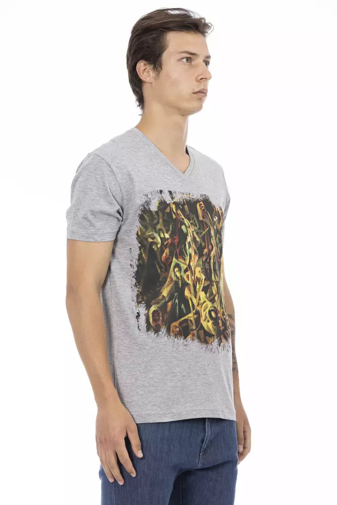 Trussardi Action T-Shirt aus Baumwollmischung mit V-Ausschnitt in elegantem Grau