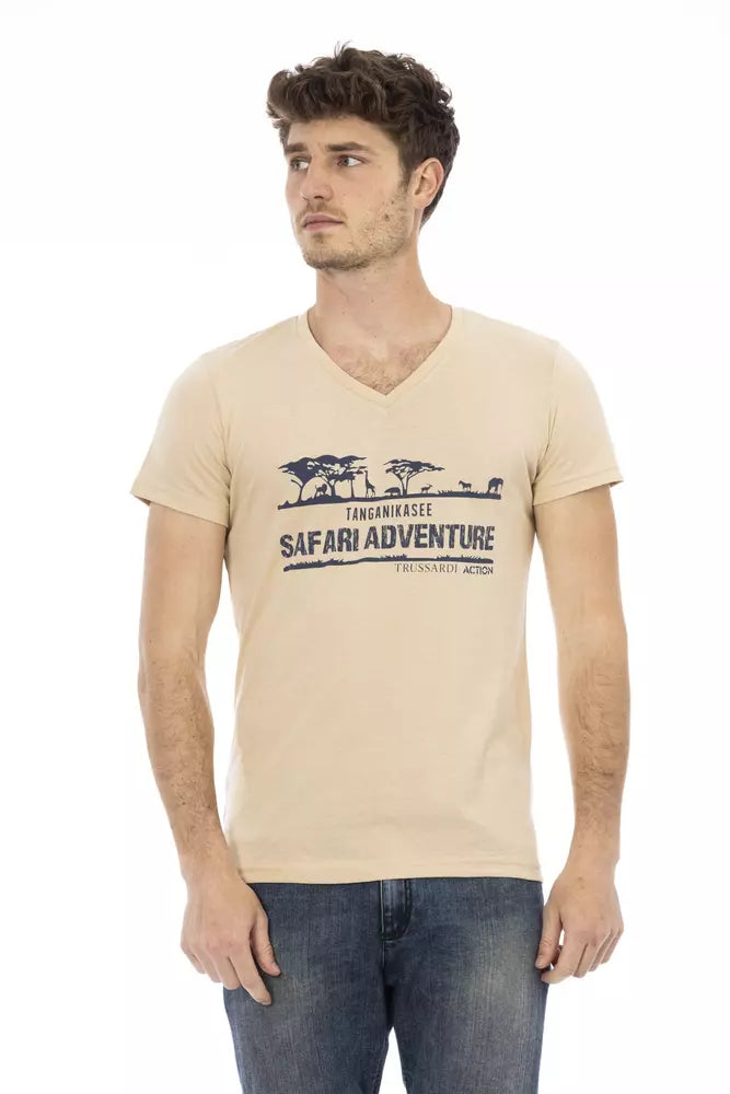 Trussardi Action Beige T-Shirt mit V-Ausschnitt und elegantem Frontdruck