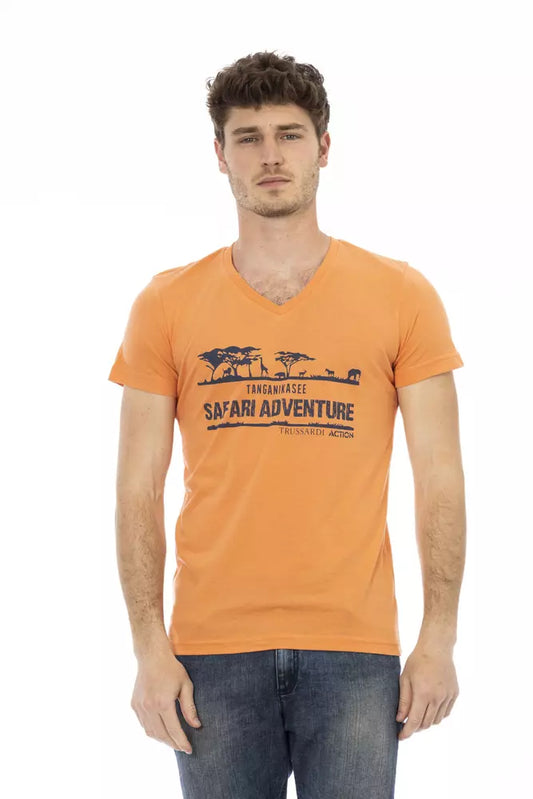 Trussardi Action Orangefarbenes T-Shirt mit V-Ausschnitt und Aufdruck auf der Vorderseite