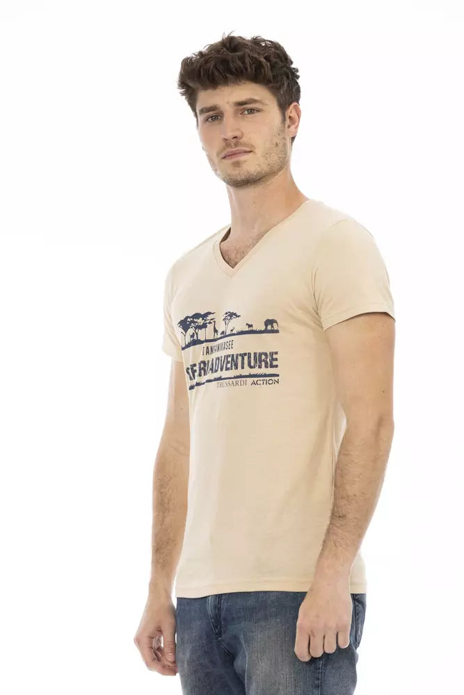 Trussardi Action Beige T-Shirt mit V-Ausschnitt und elegantem Frontdruck